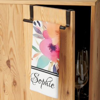 ピーチ&ピンクフローラ パーソナライズされた キッチンタオル