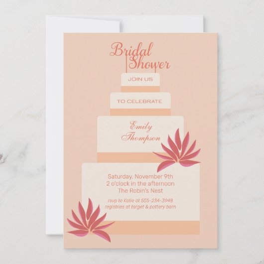 ピーチ&ピンク結婚ズケーキブライダルシャワー 招待状 (正面)