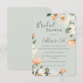 ピーチ フローラル ウォーターカラー グリーン ブライダル シャワー 招待状 (正面/裏面)