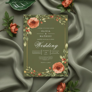 ピーチ フローラル ボタニカル フレーム ウェディング 招待状