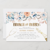 ピーチ&ブルーフラワーズゴールデンブライダルブランチ&バブリー 招待状 (正面)