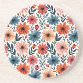 ピーチ&ブルー春フローラルパターン コースター (正面)