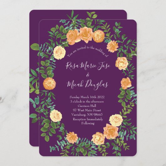 ピーチ&プラムパープルピーニー&バラフローラ結婚ズ 招待状 (正面/裏面)