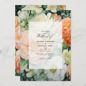 ピーチ、ホワイト、グリーンのフローラ結婚ズ 招待状 (正面/裏面)