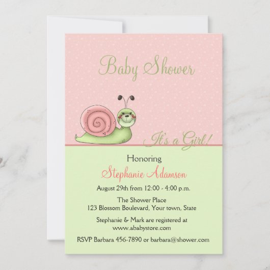 ピーチ、ミントグリーン、かわいいカタツムリ、ベビーガールシャワー 招待状 (正面)