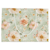 ピーチ ミント プリティ ローズの花のブライダルシャワー ラージペーパーバッグ (裏面)