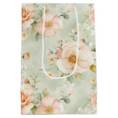 ピーチ ミント プリティ ローズの花を飾ったブライダルシャワー ミディアムペーパーバッグ (裏面)