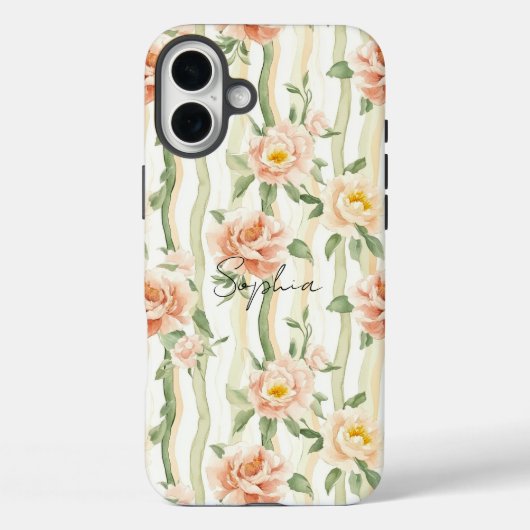 ピーチ ミント ローズ フローラル ストライプス Case-Mate iPhoneケース (裏面)