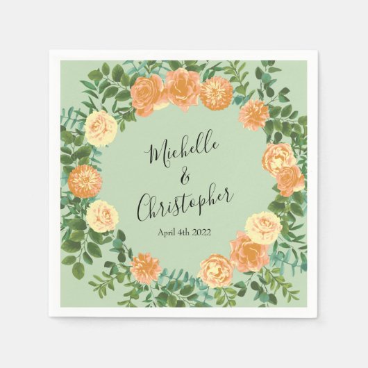 ピーチ&ライトグリーンピーニー&バラフローラ結婚ズ スタンダードカクテルナプキン (正面)