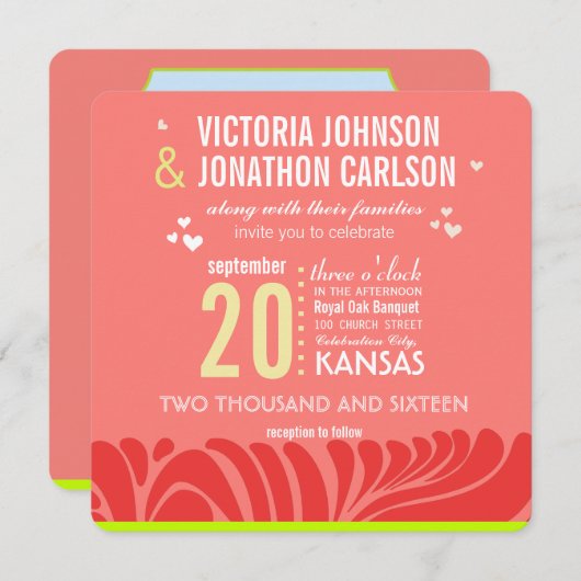 ピーチ、ライム、ベリーアールデコ結婚式招待状 招待状 (正面/裏面)