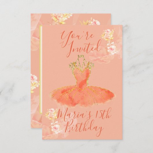 ピーチ ローズ ゴールド バレリーナドレス フラワーフレグランス 招待状 (正面/裏面)