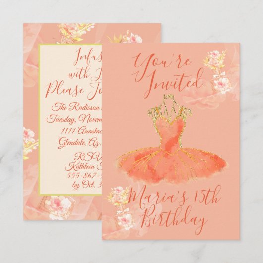 ピーチ ローズ ゴールド バレリーナドレス フローラル 香水 招待状 (正面/裏面)