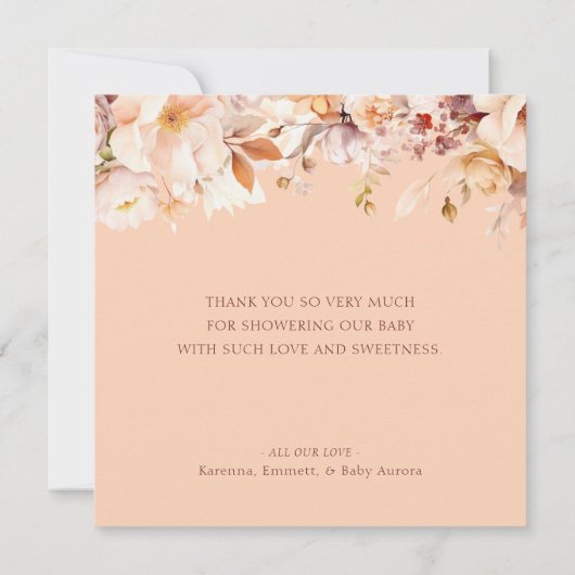 ピーチ ヴィンテージ フローラル オータム ベイビー シャワー サンキューカード (裏面)