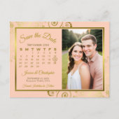 ピーチ&金ゴールドウェディング日付カレンダーの写真を保存 案内ポストカード (正面)