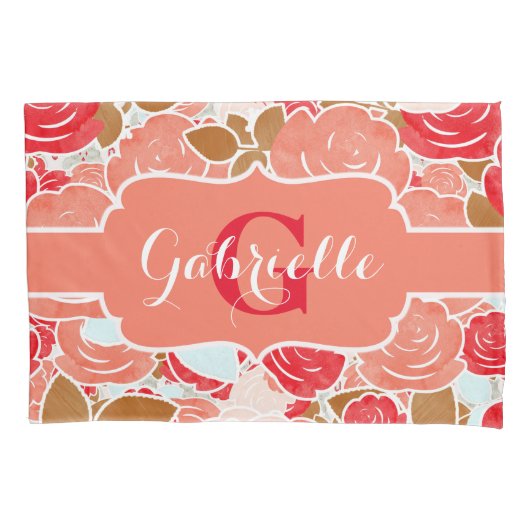 ピーチ&金ゴールドウォーターカラーバラフローラモノグラム 枕カバー (正面左)