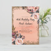 ピーチ&金ゴールドグリッターフローラモダンバースデーパーティー 招待状 (スタンド正面)