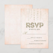 ピーチ&金ゴールドグリッタールックウェディングRSVPカード 出欠カード (正面/裏面)