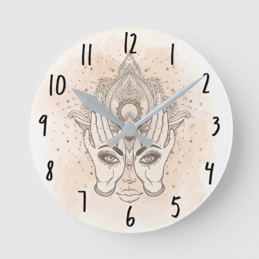 ピーチ&金ゴールドボホロータスフラワー美しい ラウンド壁時計 (正面)