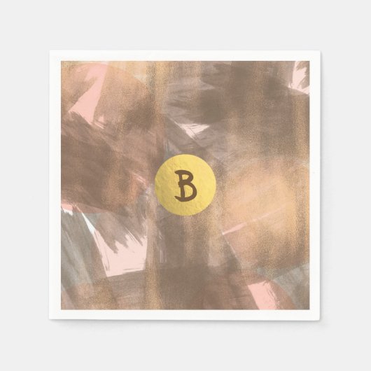 ピーチ&銅ブロンズシックモノグラムモダン金ゴールド スタンダードカクテルナプキン (正面)