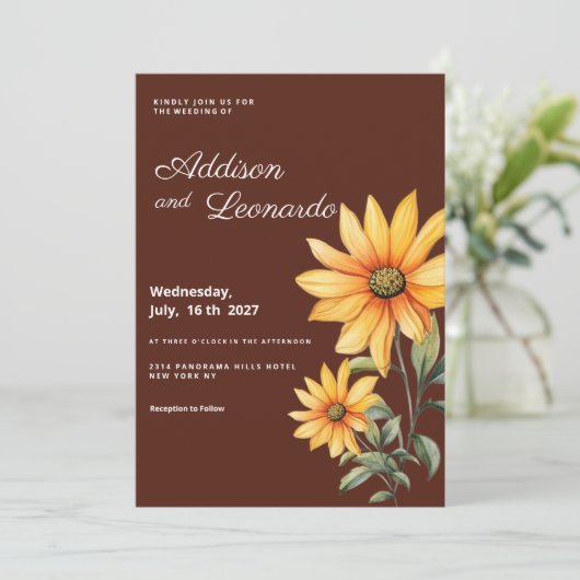 ピーティ茶色のオレンジ色のミントひまわり結婚の花 招待状 (スタンド正面)