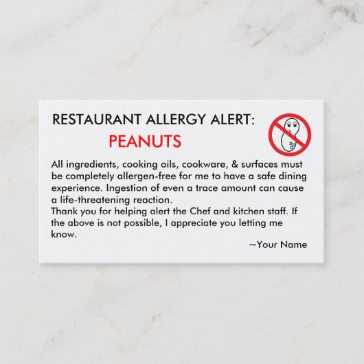 ピーナッツアレルギーレストラン& ICEカード コーリングカード (正面)