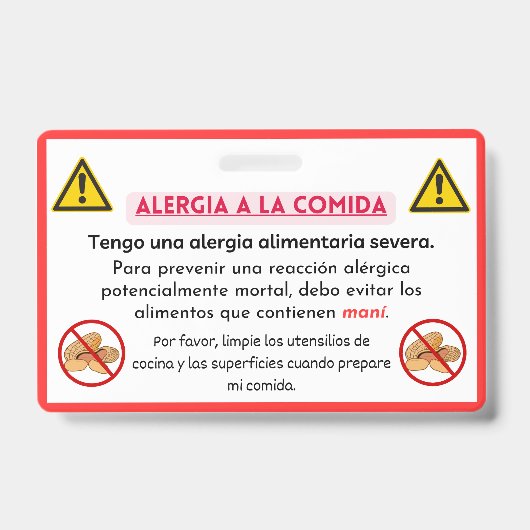 ピーナッツスペインのアレルギー警告シェフカード バッジ (正面)