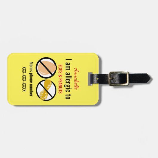 ピーナツおよびパーソナライズな卵の子供にアレルギー ラゲッジタグ (正面横)