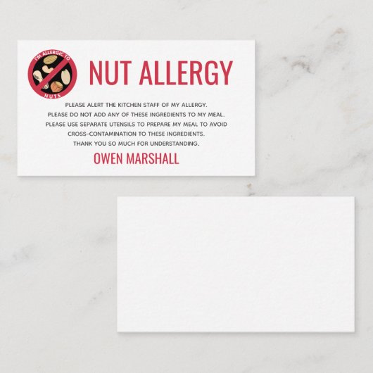 ピーナツ木のナットのアレルギー警報レストランカード 名刺 (正面/裏面)