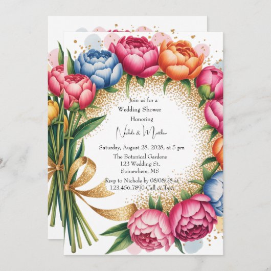 ピーニエレガントブーケウェディングシャワー 招待状 (正面/裏面)