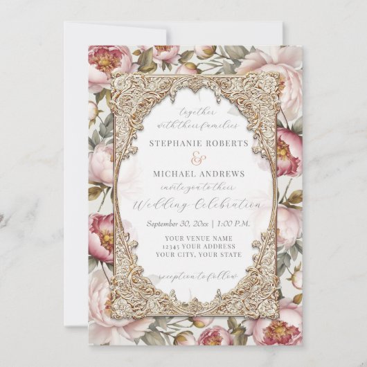 ピーニーエレガントフローラ金ゴールドwピンクとクリーム結婚ズ 招待状 (正面)