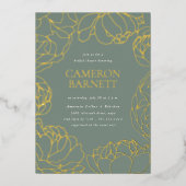 ピーニーガーデンダスティージュセージグリーンフローラブライダルシャワー 箔招待状 (正面)