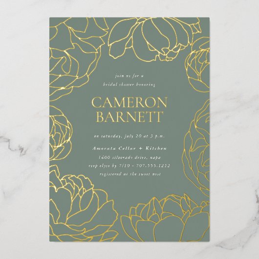 ピーニーガーデンダスティージュセージグリーンフローラブライダルシャワー 箔招待状 (正面)