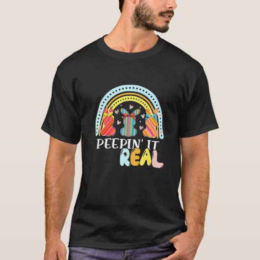 ピーピンイット実在ハッピーイースターバニー卵狩りレインボ Tシャツ (正面)