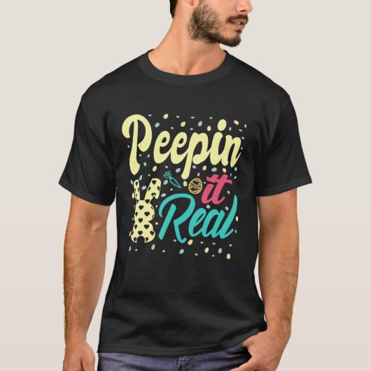 ピーピンイ実在ハッピーイースターバニー卵狩りおもしろいE Tシャツ (正面)