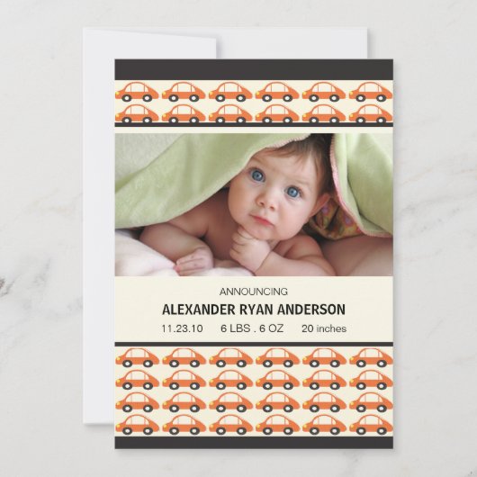 ピーピー！ オレンジの車 赤ちゃん男の子の誕生お知らせ 案内状 (正面)