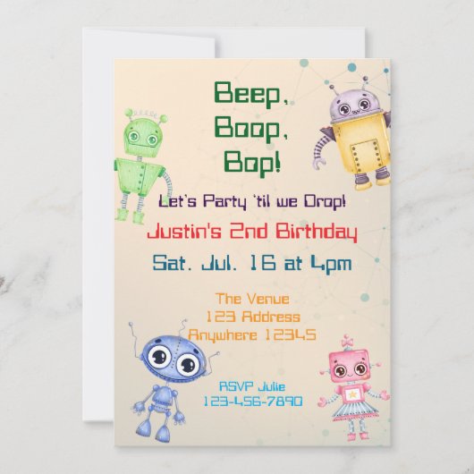 ピープ・プープ・ポップ ロボット誕生日 招待状 (正面)