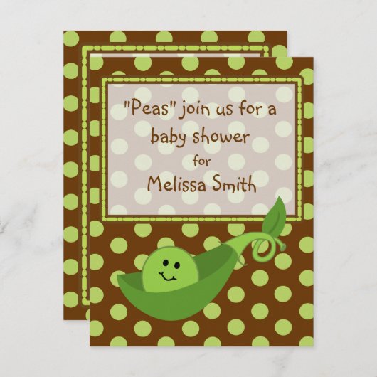 ピーポッドオン水玉模様ズニュートラルベビーシャワー招待状 招待状 (正面/裏面)