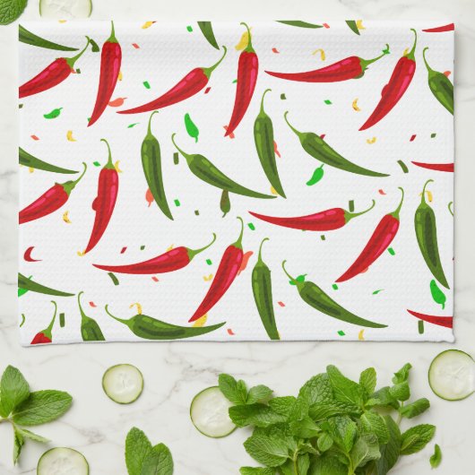 ピーマンの緑と赤のパターン キッチンタオル (折り畳み)
