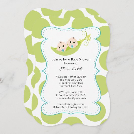 ピーモダンポッドのツインボーイズ赤ちゃんシャワー 招待状 (正面/裏面)