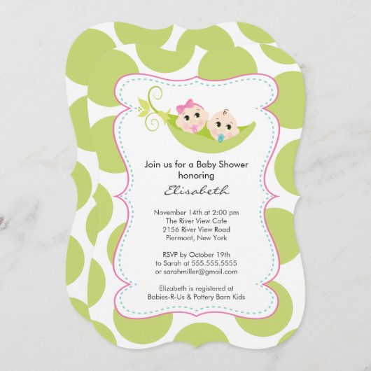 ピーモダンポッドの双子の男の子の赤ちゃんシャワー 招待状 (正面/裏面)