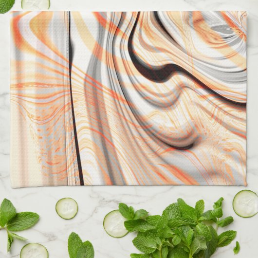 ピーリークリームベージュ、ブラウン、オレンジに波紋を淡い色の付ける キッチンタオル (折り畳み)