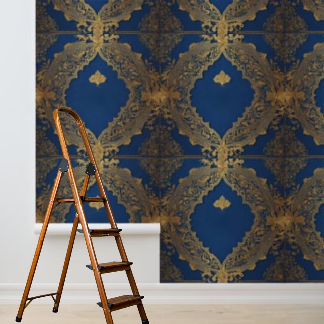 ピールアンドスティックインディアンインスパイアデザインブルー金ゴールド 壁紙 (Peel and Stick Indian inspired design Blue Gold Wallpaper)
