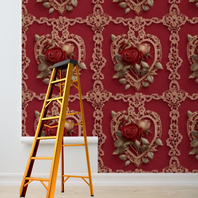 ピールアンドスティック赤いハートバラレースパターン 壁紙 (Peel and Stick red hearts roses lace romantic pattern Wallpaper)