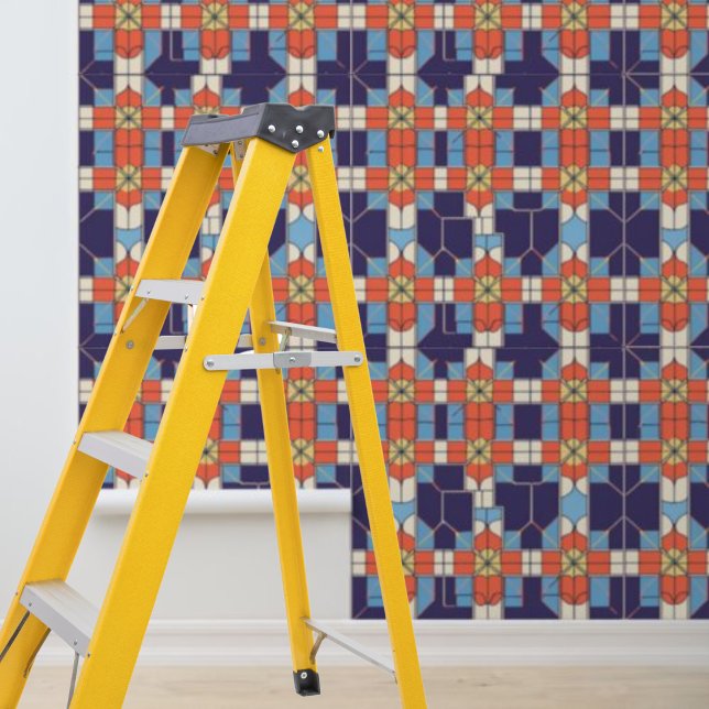 ピールスティックアートデコタイル模様ブルーオレンジ 壁紙 (Peel Stick Artdeco Tiles Pattern Blue Orange Wallpaper)