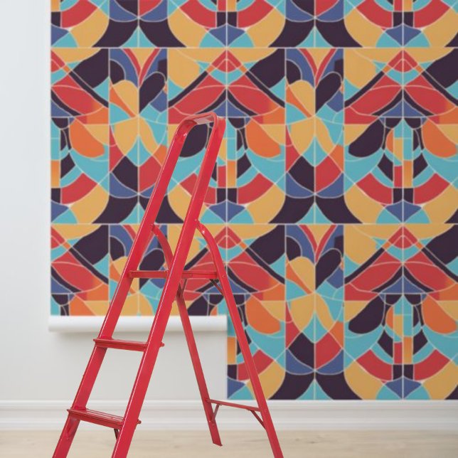 ピールスティックアートデコブルーオレンジ幾何学模様 壁紙 (Peel Stick Artdeco Blue Orange Geometric Pattern Wallpaper)