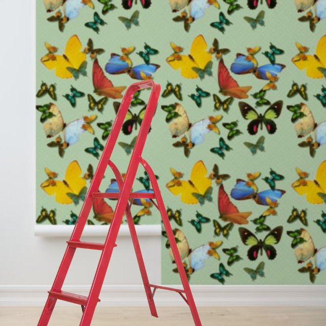ピールスティックカラフル蝶の緑のパターン 壁紙 (Peel Stick Colorful Butterflies Green Pattern Wallpaper)