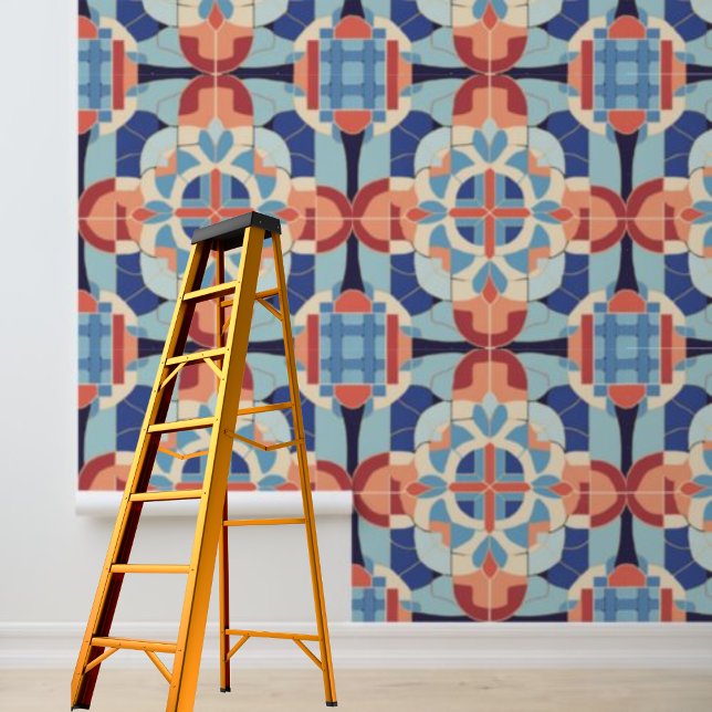 ピールスティック青オレンジ色の幾何タイルパターン 壁紙 (Peel Stick Blue Orange Geometric Tiles Pattern Wallpaper)