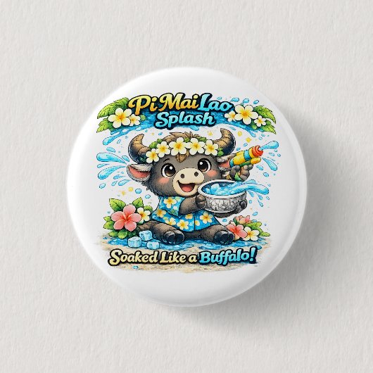 ピー・マイ・ラオ 水浸しバッファロー Tシャツ 楽しい 缶バッジ (正面)