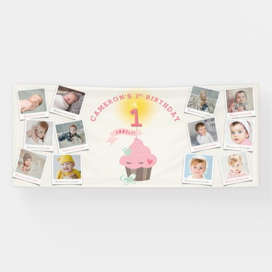 ピ恋しく思ックカップケーキ12フォトガール1st誕生日パーティー 横断幕 (横)