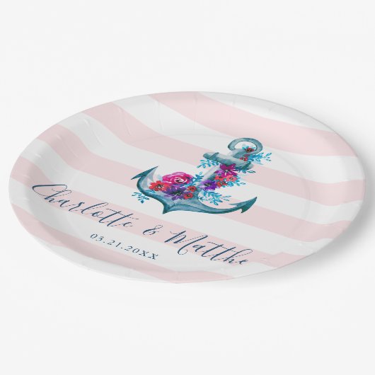 ピ航海のックストライプいかり結婚ズ ペーパープレート (アングル)